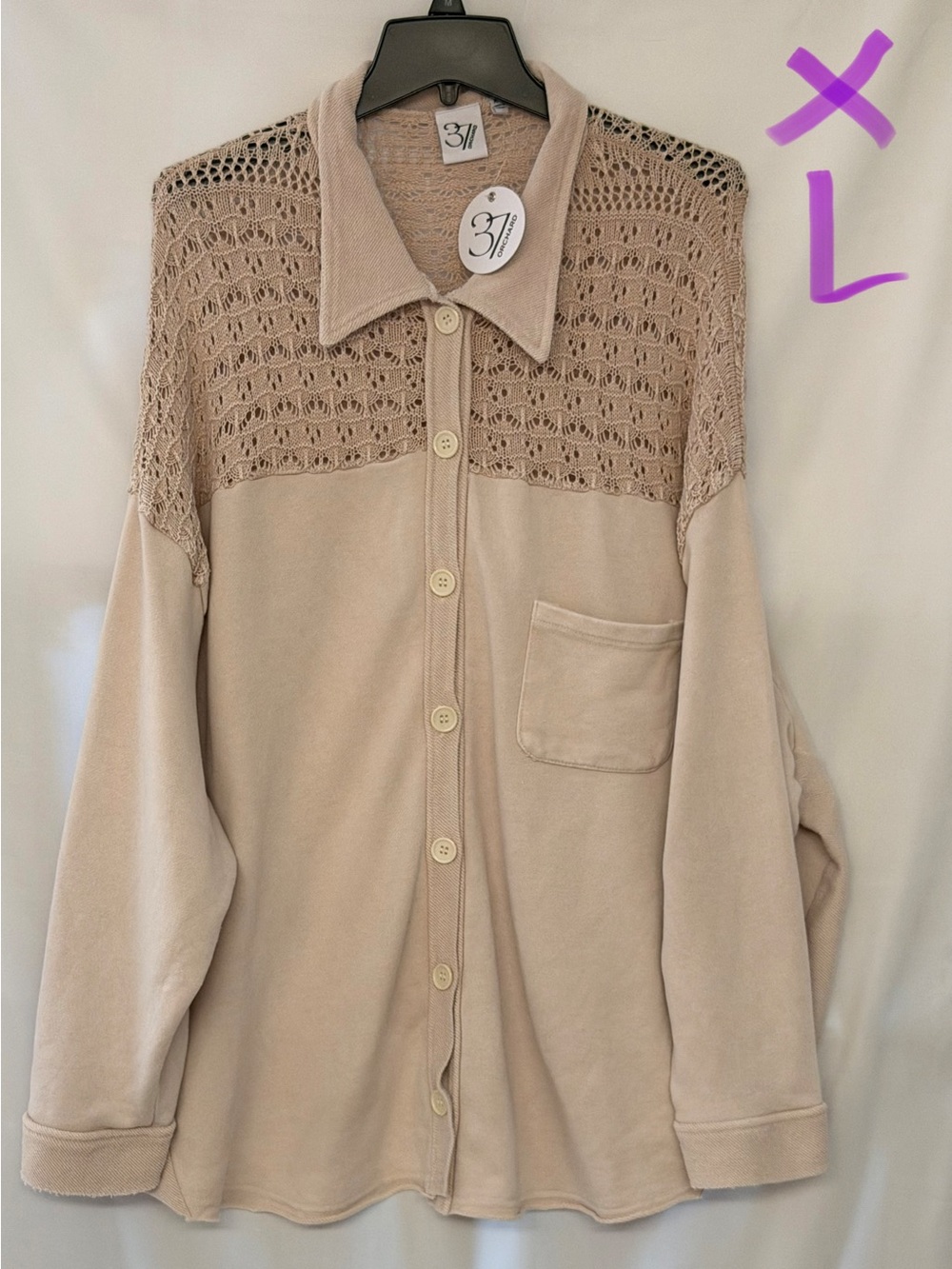 Beige Crochet-Yoke Button Front Cardigan